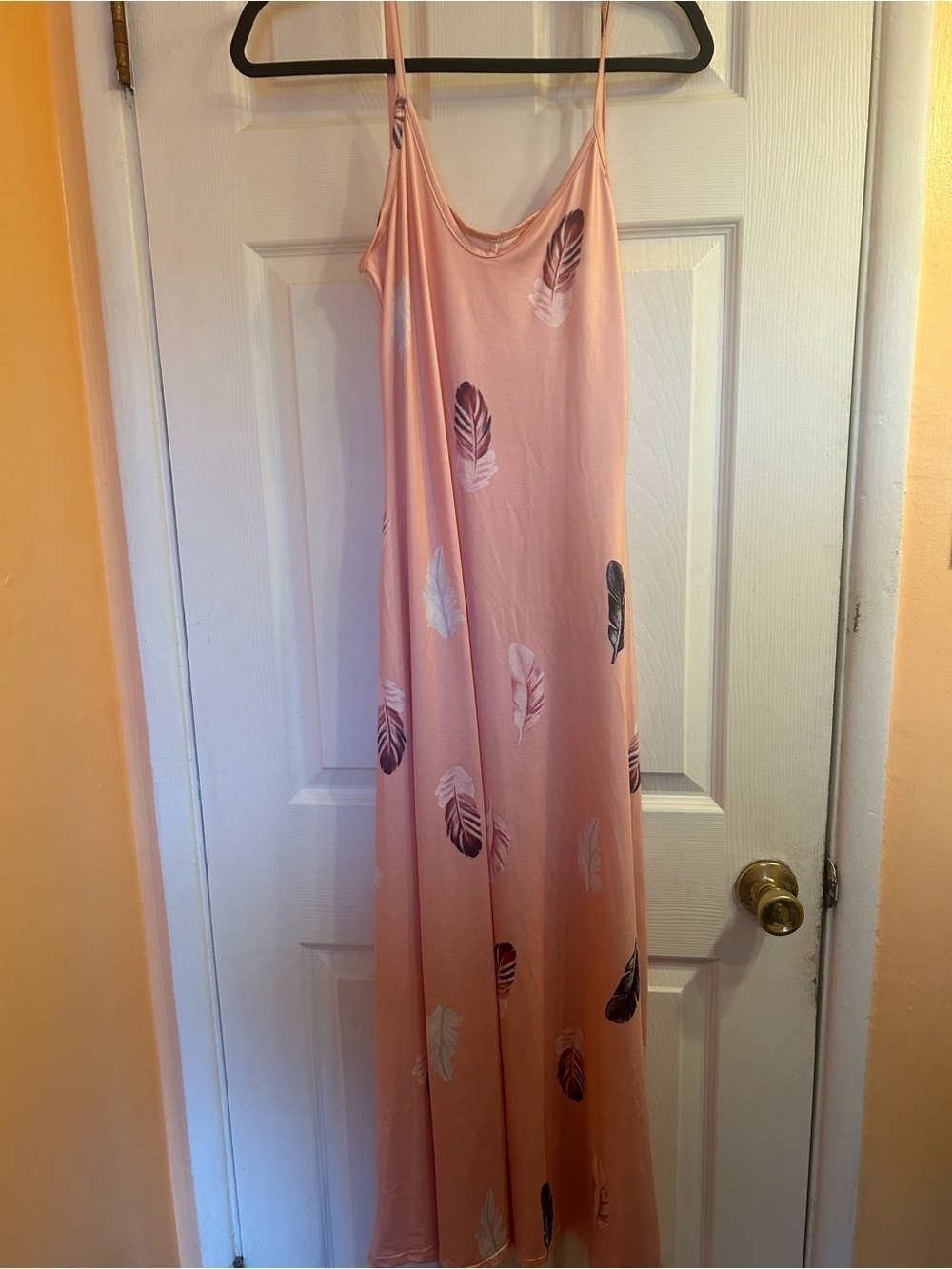 Light Pink Feather-Print Satin Chemise with Adjustable Straps
